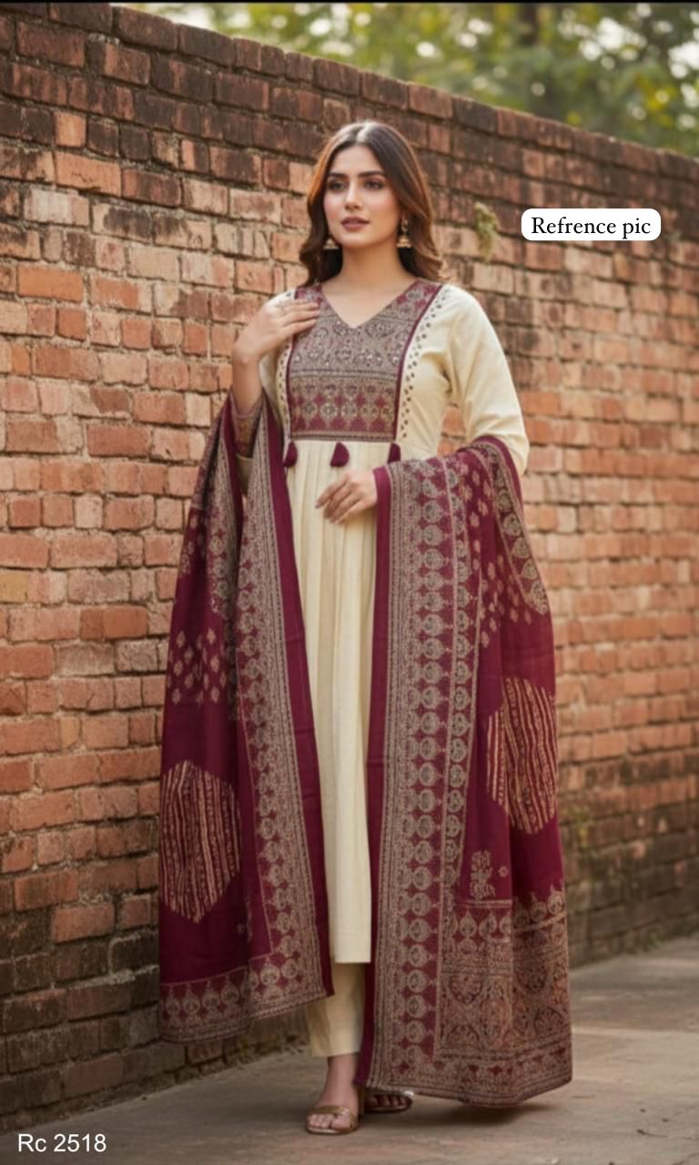 Mustard Printed Cotton Anarkali Kurta Set with Dupatta & Pants