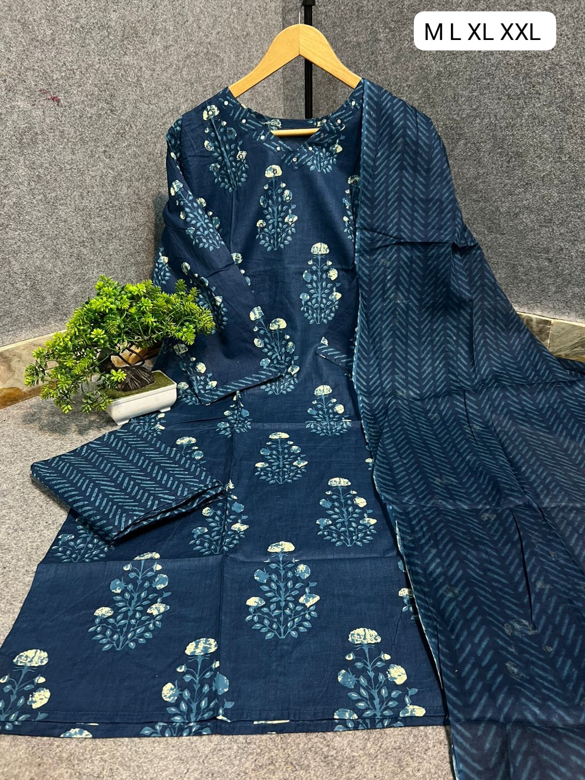 Elegant Blue Floral Printed Cotton Kurti Set with Pants & Dupatta