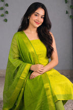 Cotton Green Mangalagiri Kurti Set with Shawl/Dupatta