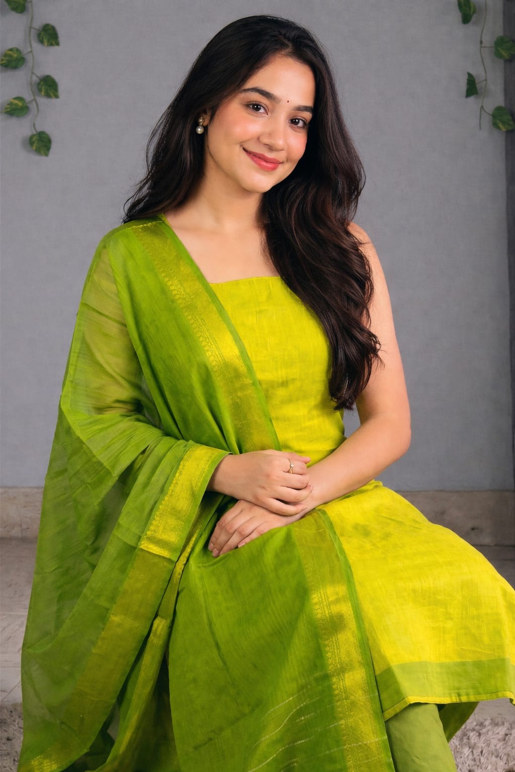 Cotton Green Mangalagiri Kurti Set with Shawl/Dupatta