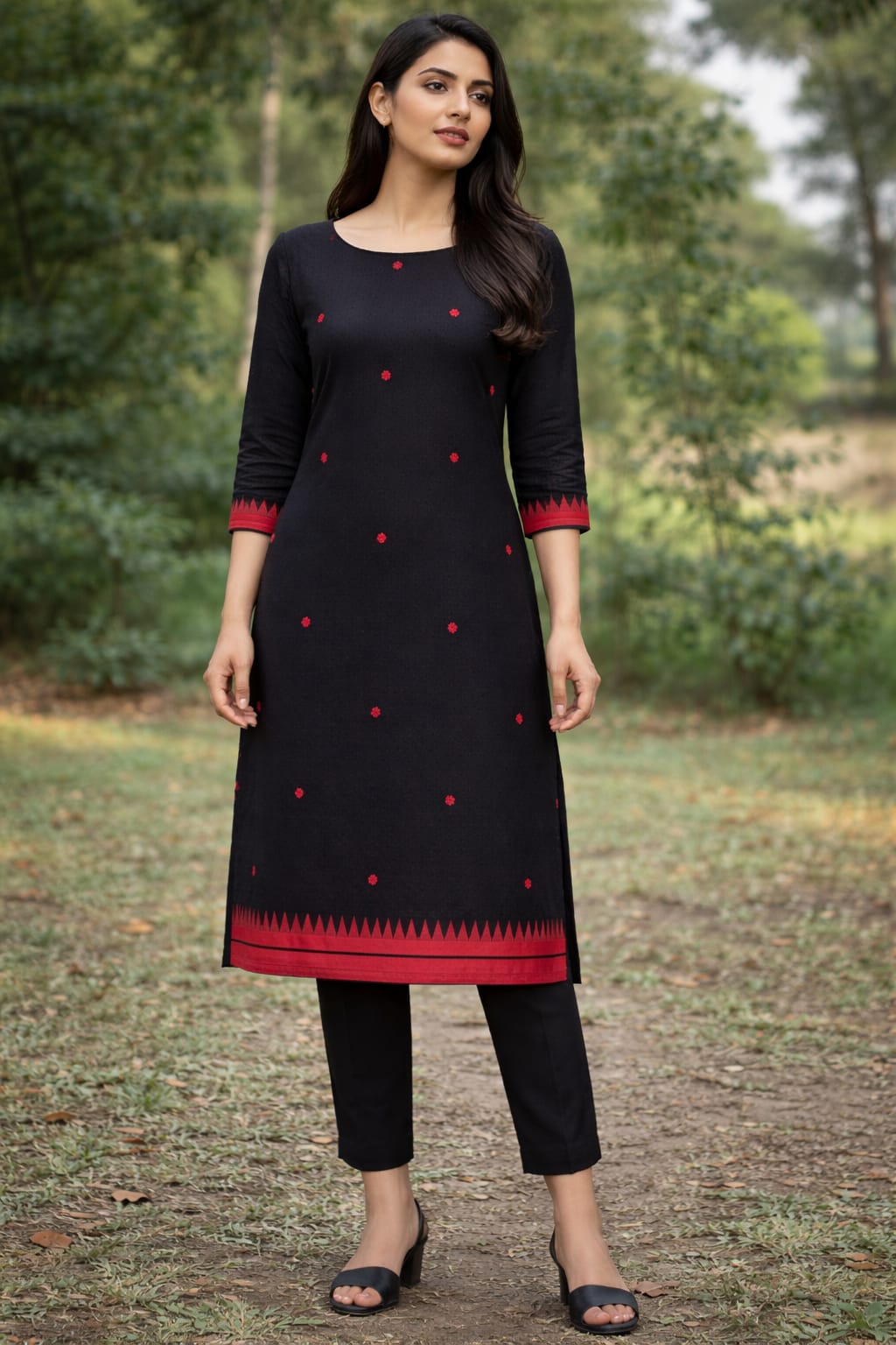 Women's  Black Cotton Kurti Set
