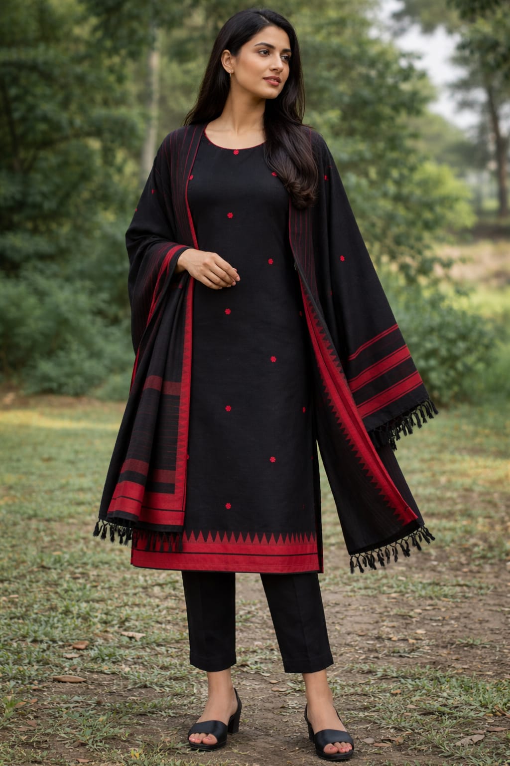 Women's  Black Cotton Kurti Set