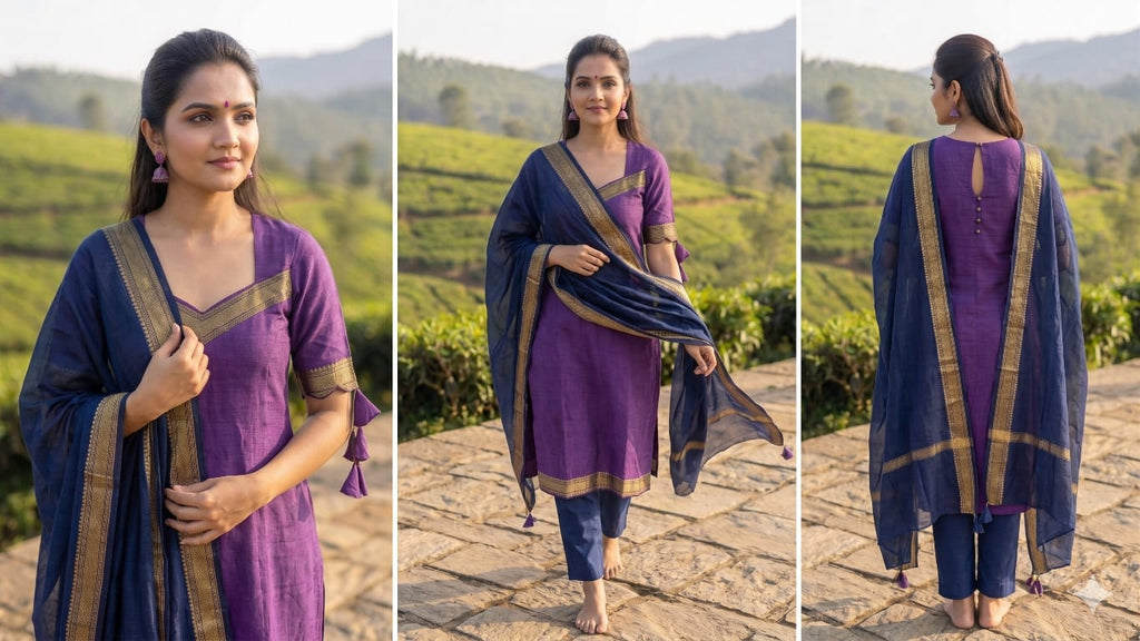 Premium Violet Mangalgiri Cotton Kurta Set with Pant & Dupatta | Fully Stitched Ethnic Wear for Women