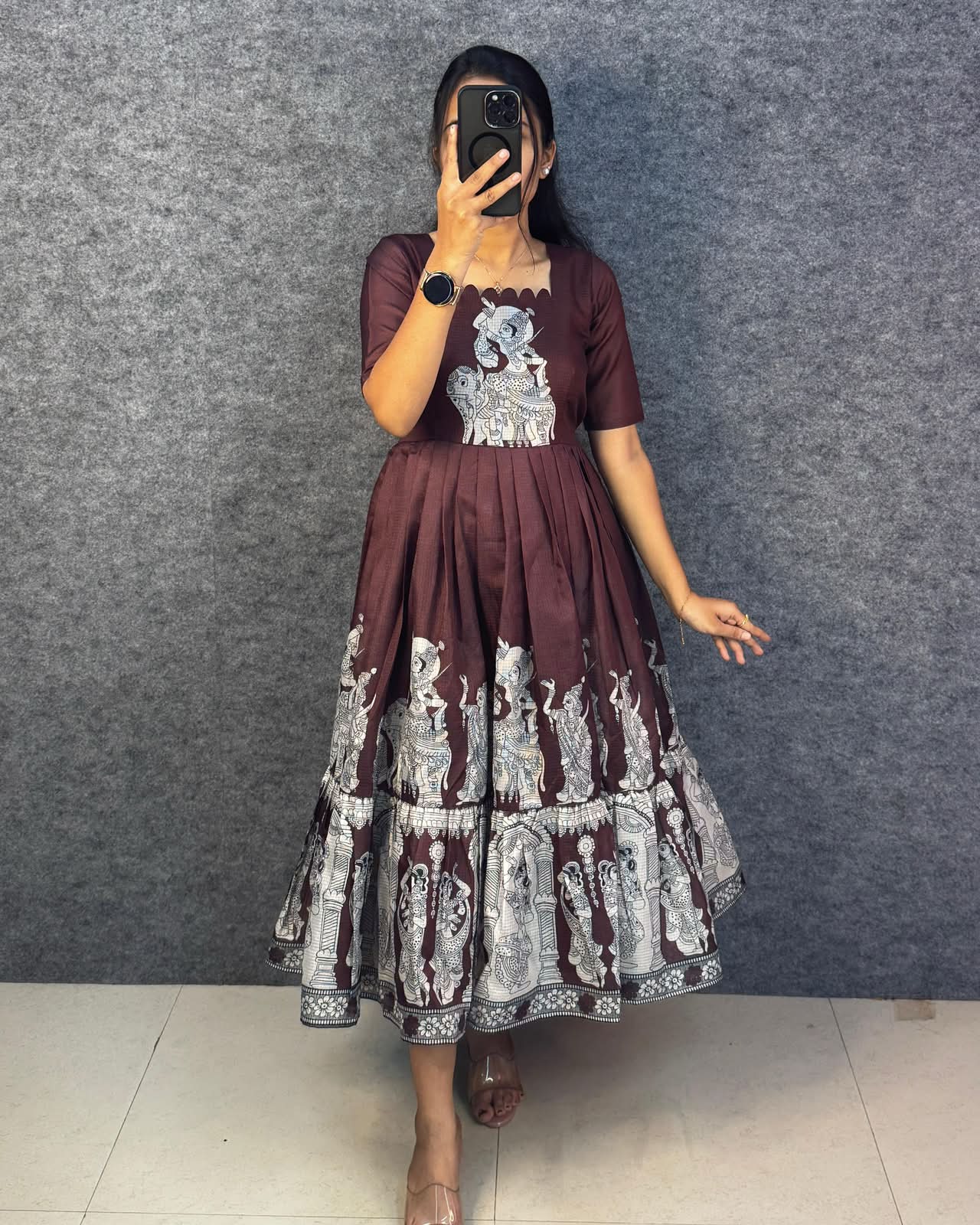 Black Kalamkari Cotton Maxi Gown for Women | Premium Kalamkari Printed Flared Dress