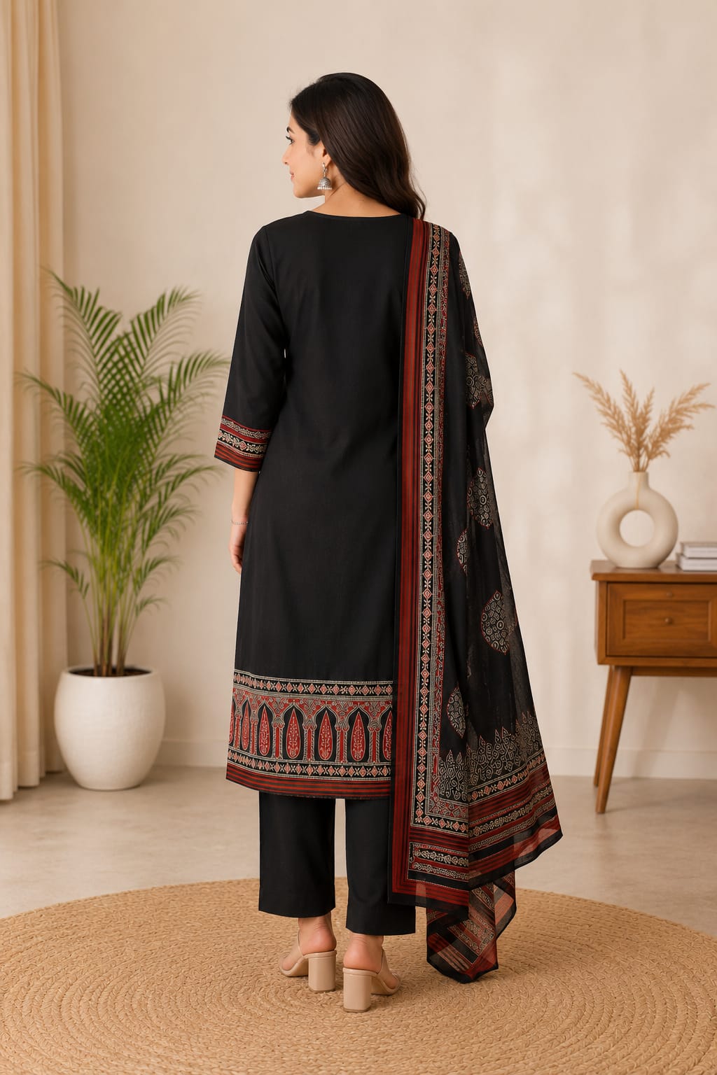 Women's Black Cotton Printed Kurti Set with Pants & Dupatta | Ethnic 3-Piece Suit Set
