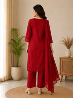 Women's Maroon Cotton Kurti Set with Pants & Dupatta | Embroidered Straight Kurta | Ethnic Wear