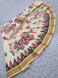 Elegant Cream Floral Printed Kerala Cotton Saree with Golden Border & Running Blouse
