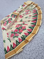 Elegant Cream Floral Printed Kerala Cotton Saree with Golden Border & Running Blouse