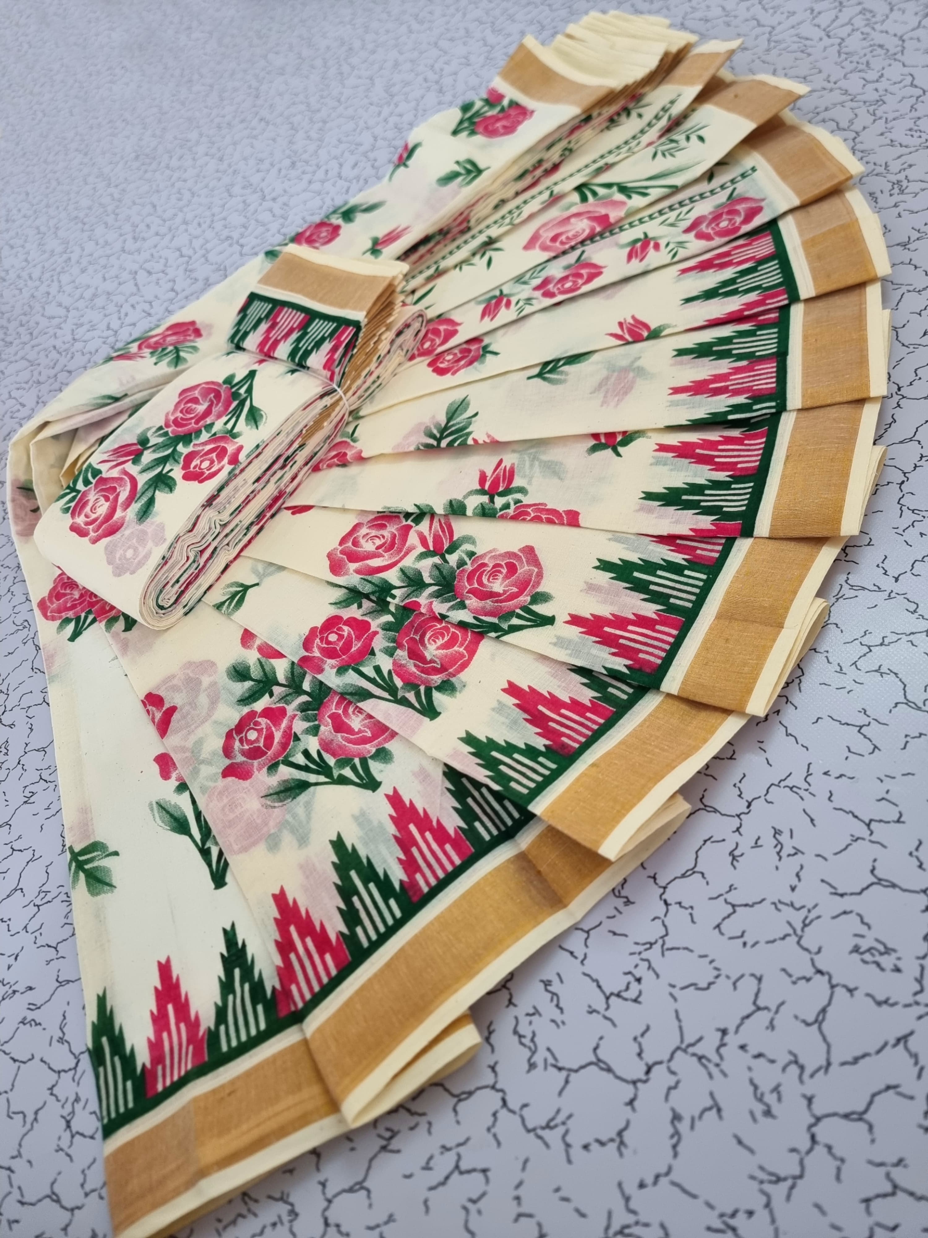 Elegant Cream Floral Printed Kerala Cotton Saree with Golden Border & Running Blouse