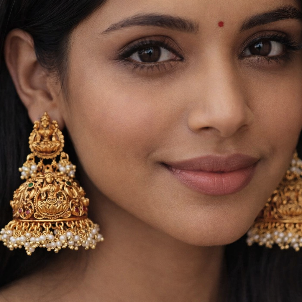 Antique Gold Lakshmi Temple Jhumka Earrings