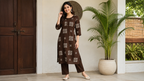 Women's Brown Cotton Printed Kurti Set with Pants | Casual Daily Wear Ethnic Co-ord Set