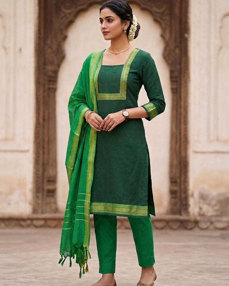 Green Mangalgiri Cotton stitched Salwar Suit Set.