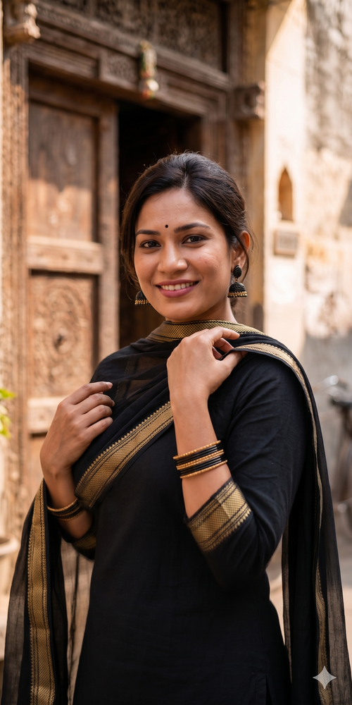 Black cotton mangalgiri kurti with pant and dupatta