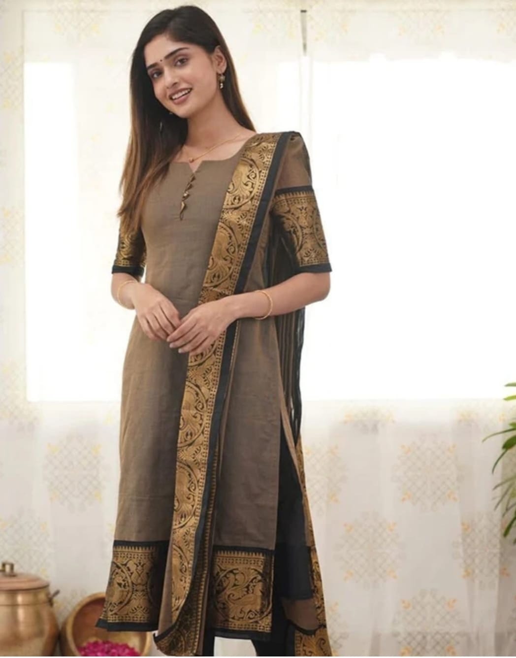 Stylish brown cotton Kurti with Matching Shawl (Dupatta)