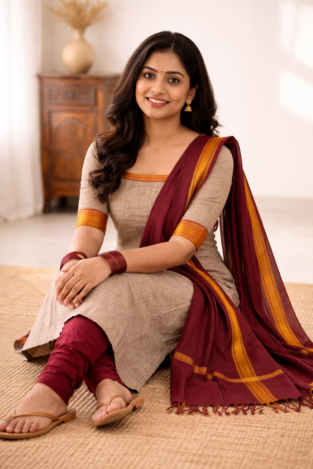 Grey and Maroon women's Mangalagiri Cotton Kurta Set