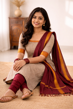 Grey and Maroon women's Mangalagiri Cotton Kurta Set