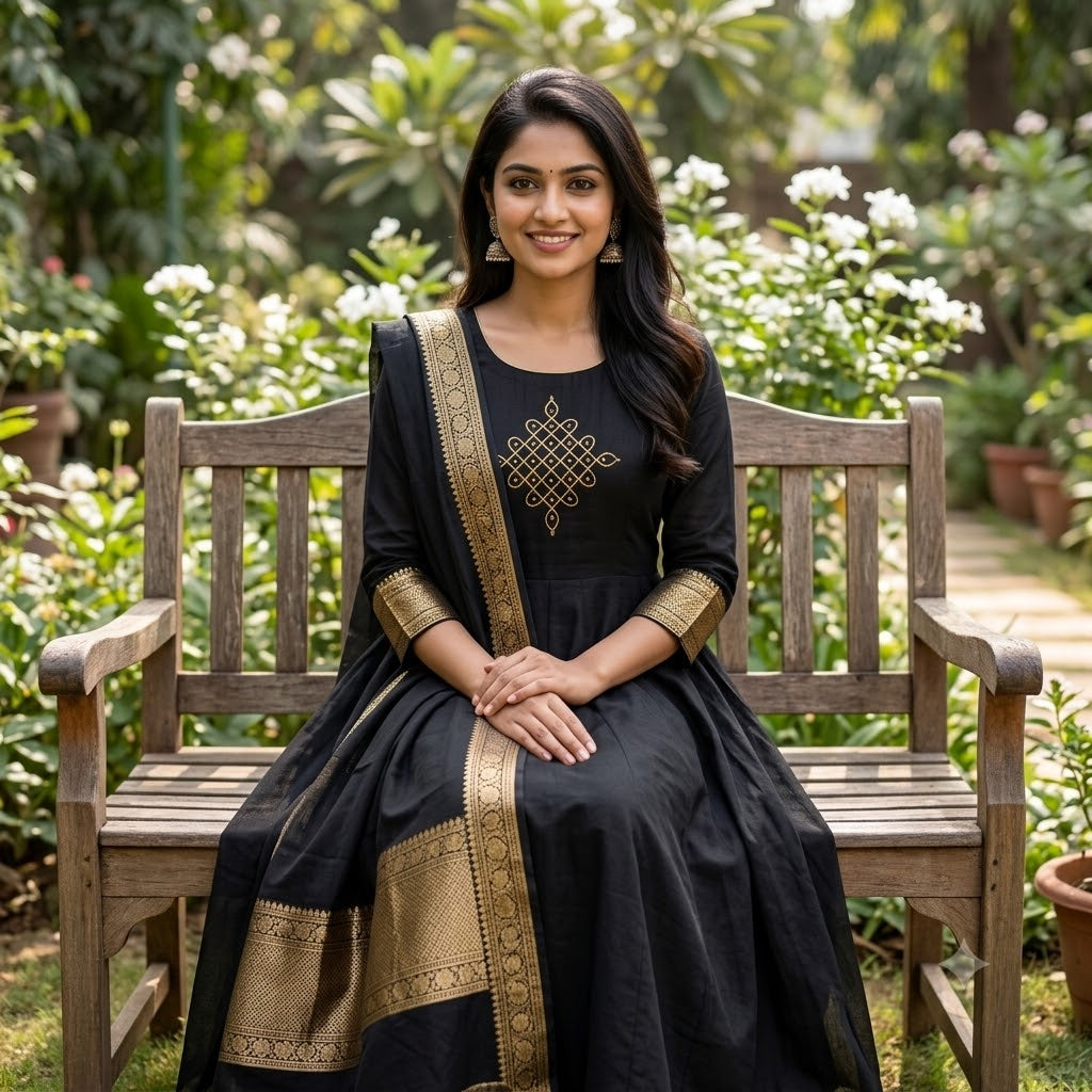 Black Silk Cotton Kolam Anarkali Kurta Set with Pant & Dupatta | Fully Stitched Ethnic Wear