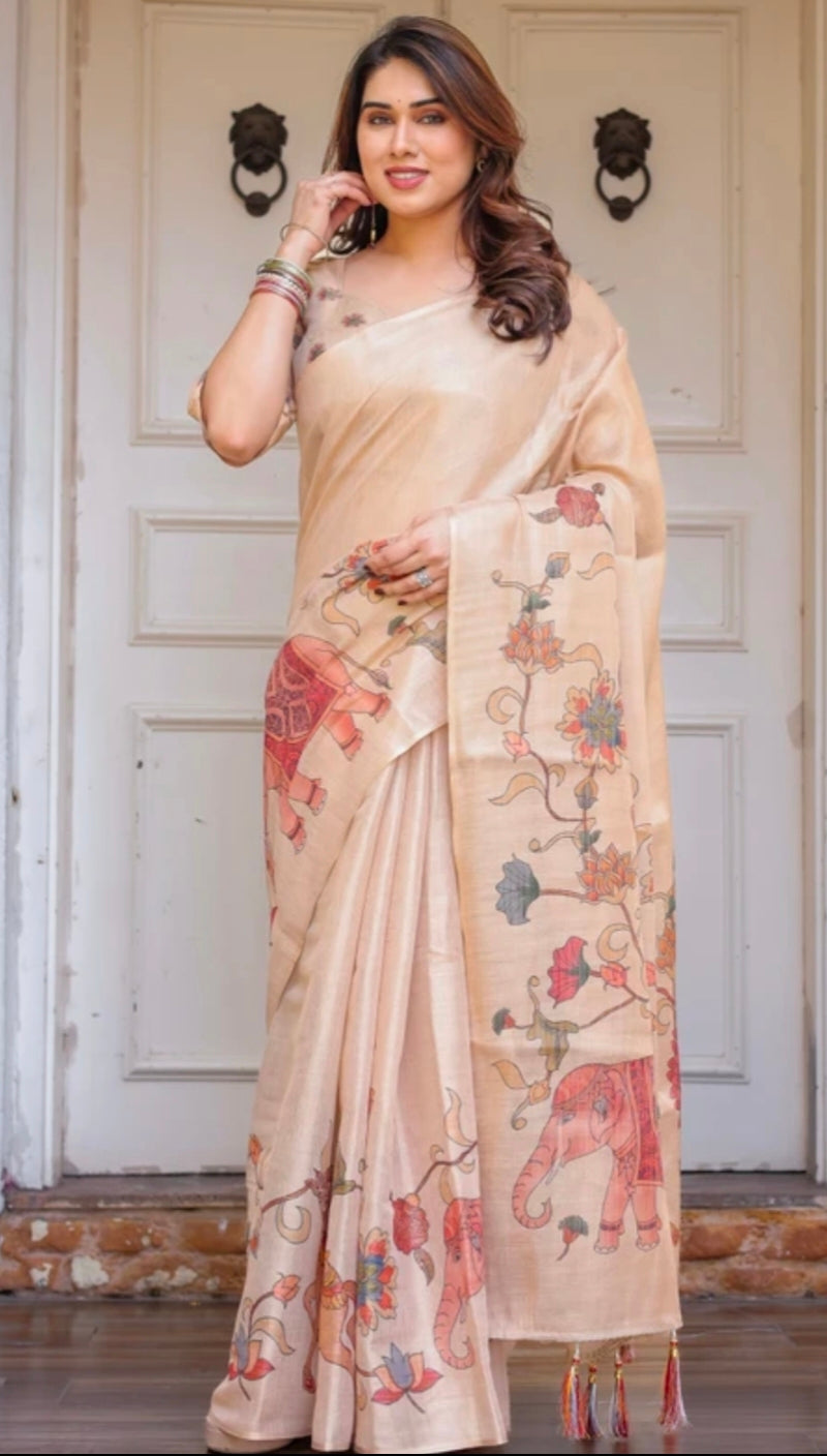 Cotton Linen Blend Printed Saree – Elegant Everyday Wear