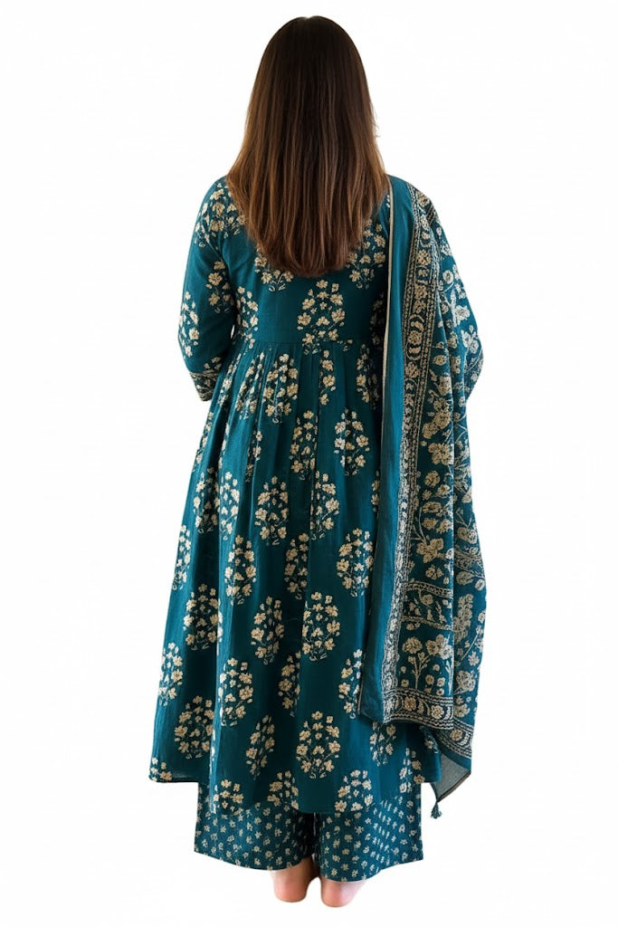 Cotton Printed Handwork Anarkali Set