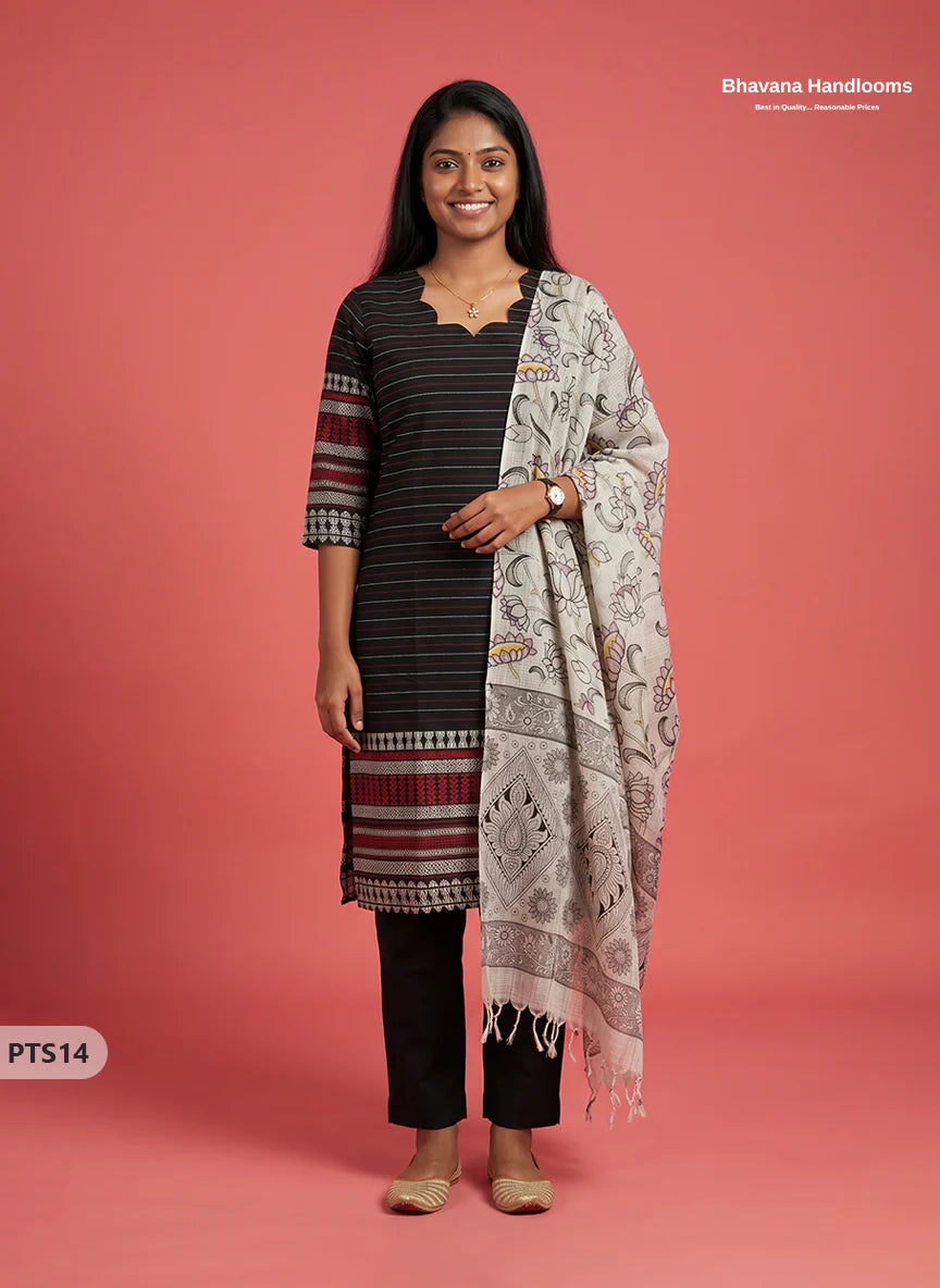 Premium Handloom Jacquard Cotton Kurti Set with Pant & Printed Dupatta | Women's 3 Piece Ethnic Wear (Red & Black)