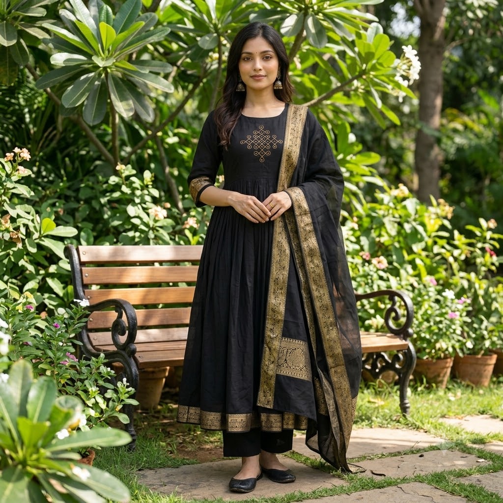 Black Silk Cotton Kolam Anarkali Kurta Set with Pant & Dupatta | Fully Stitched Ethnic Wear