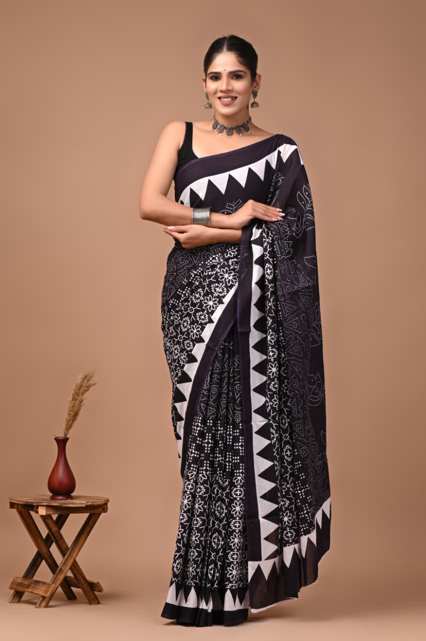 Bagru Hand Block Print Mulmul Cotton Saree
