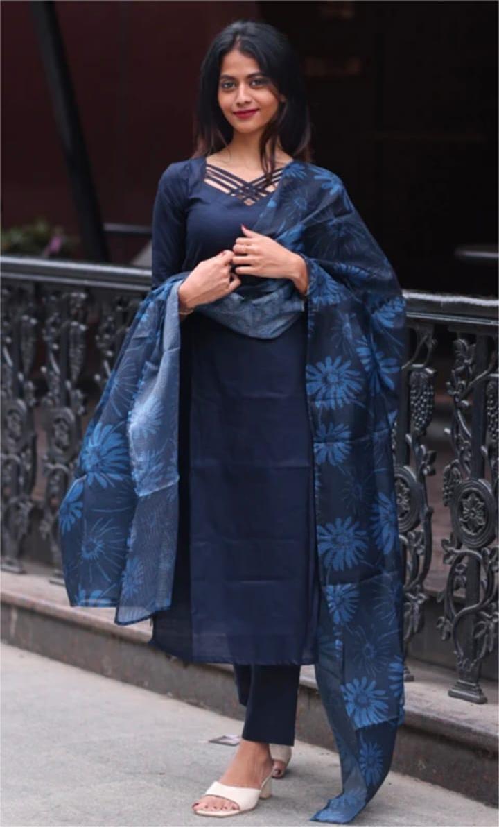 Elegant Navy Blue Kurti Set with Dupatta