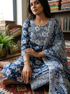 Women blue Cotton kurti set