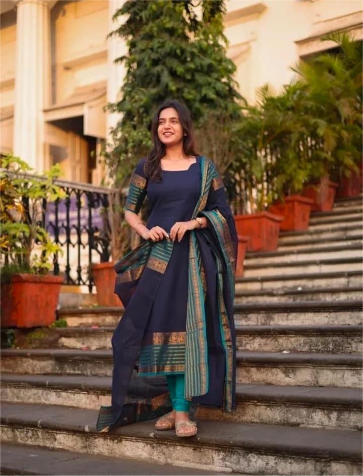 Elegant Navy Blue Cotton Kurta Set with Zari Borders