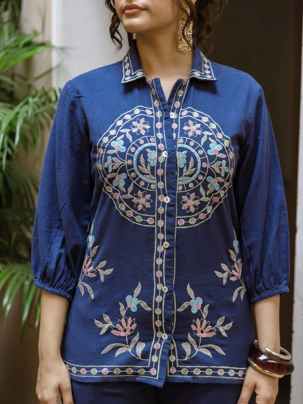 Navy Blue Cotton Embroidered Co-ord Set for Women