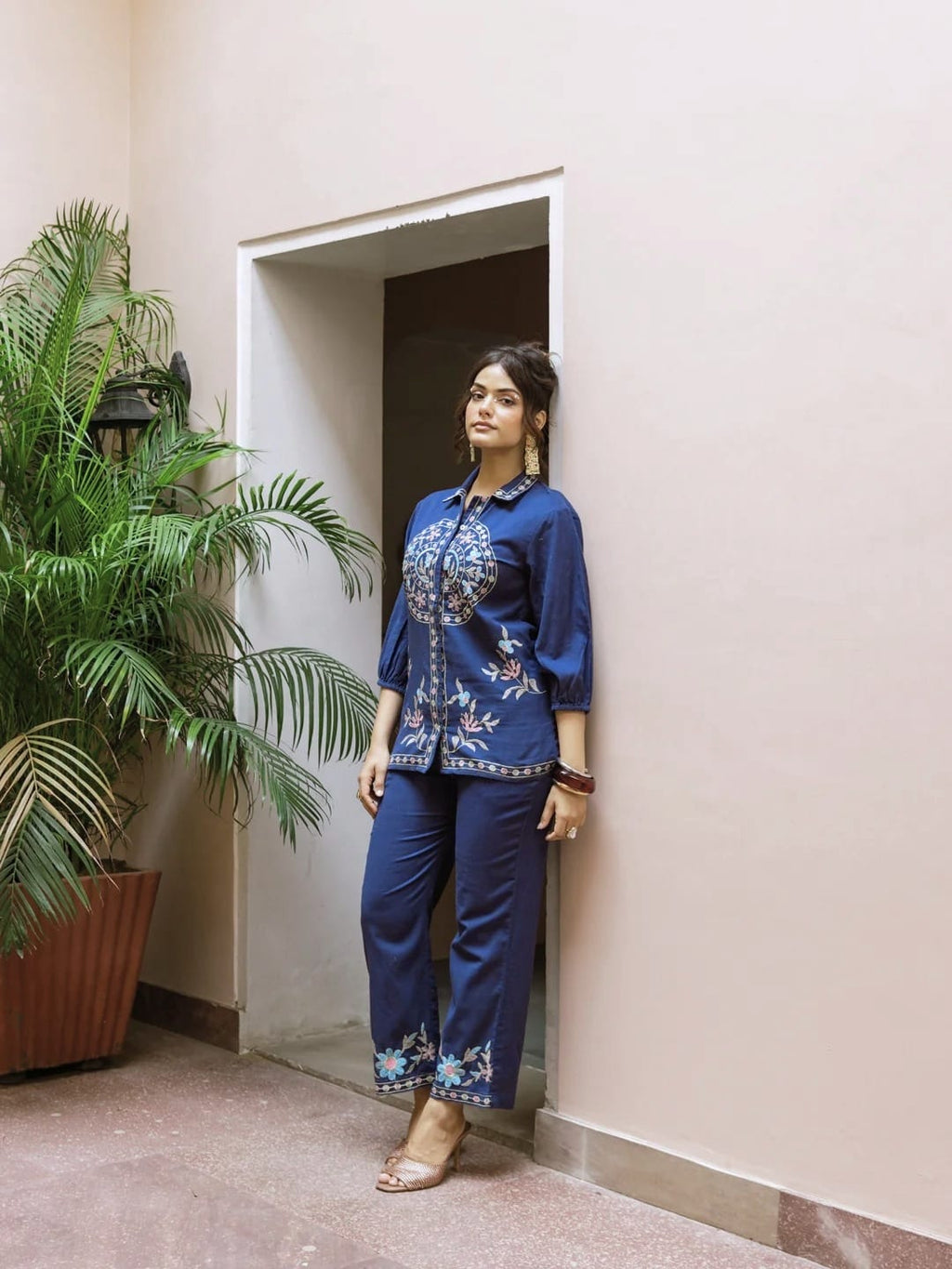 Navy Blue Cotton Embroidered Co-ord Set for Women