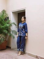 Navy Blue Cotton Embroidered Co-ord Set for Women