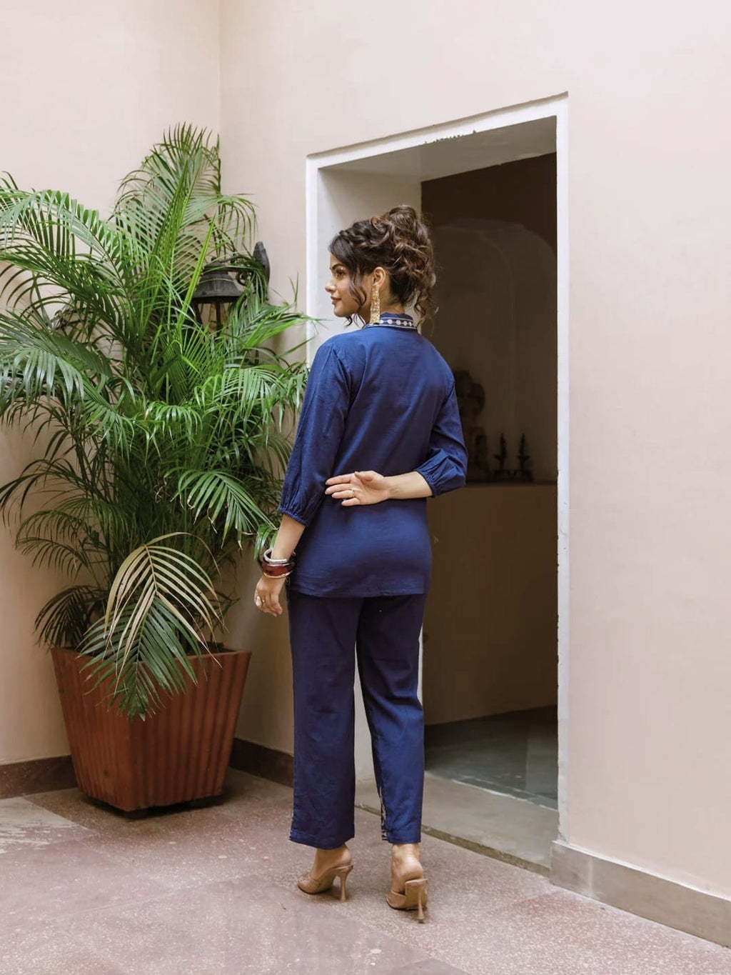 Navy Blue Cotton Embroidered Co-ord Set for Women