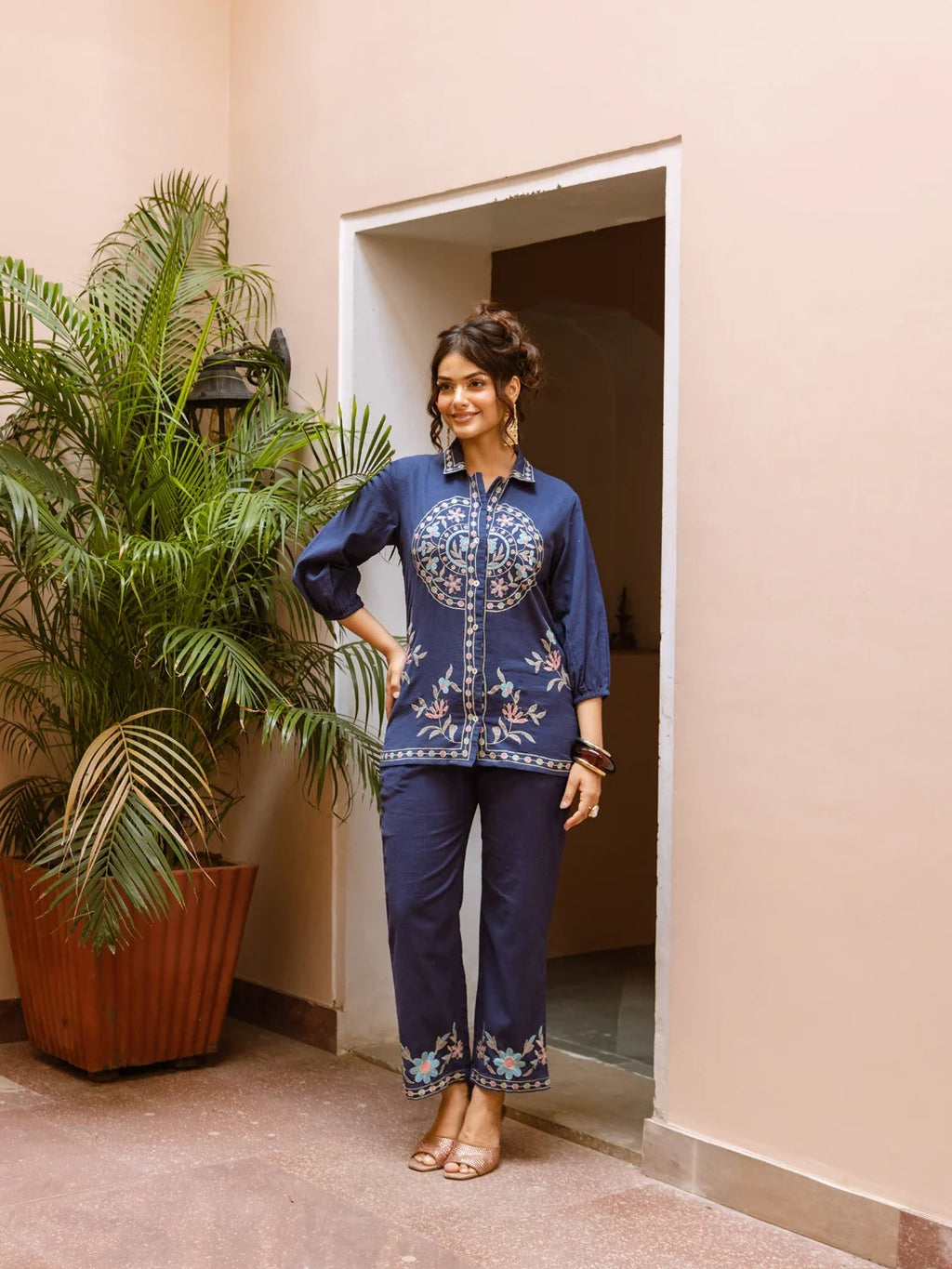 Navy Blue Cotton Embroidered Co-ord Set for Women