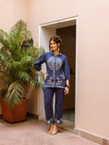 Navy Blue Cotton Embroidered Co-ord Set for Women