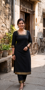 Black cotton mangalgiri kurti with pant and dupatta