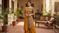 Mustard Kalamkari Cotton Kurti Set with Georgette Flared Pants & Dupatta for Women