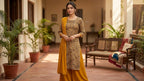 Mustard Kalamkari Cotton Kurti Set with Georgette Flared Pants & Dupatta for Women