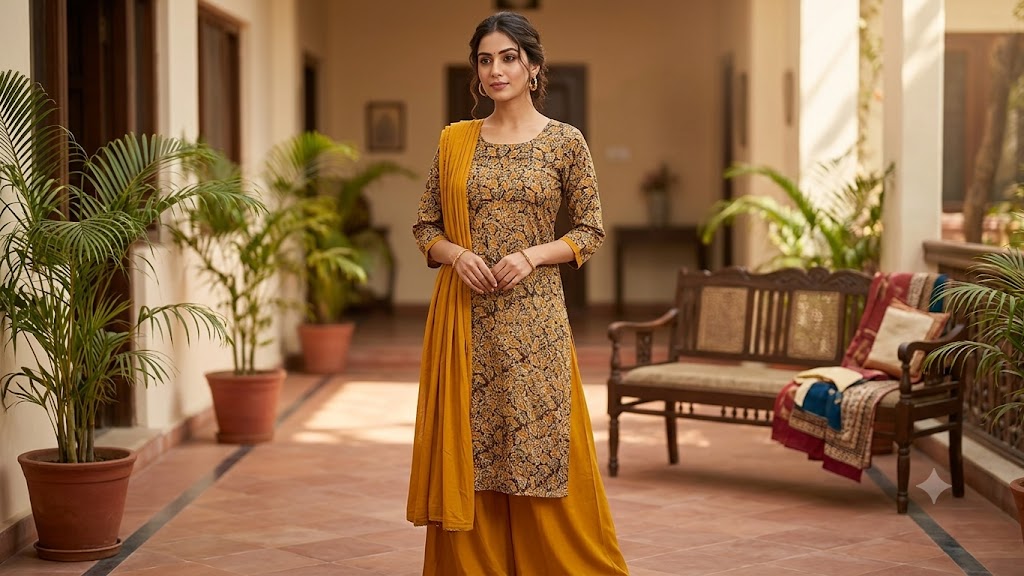 Mustard Kalamkari Cotton Kurti Set with Georgette Flared Pants & Dupatta for Women