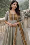 Grey Cotton Anarkali Set with Zari Border & Matching Shawl
