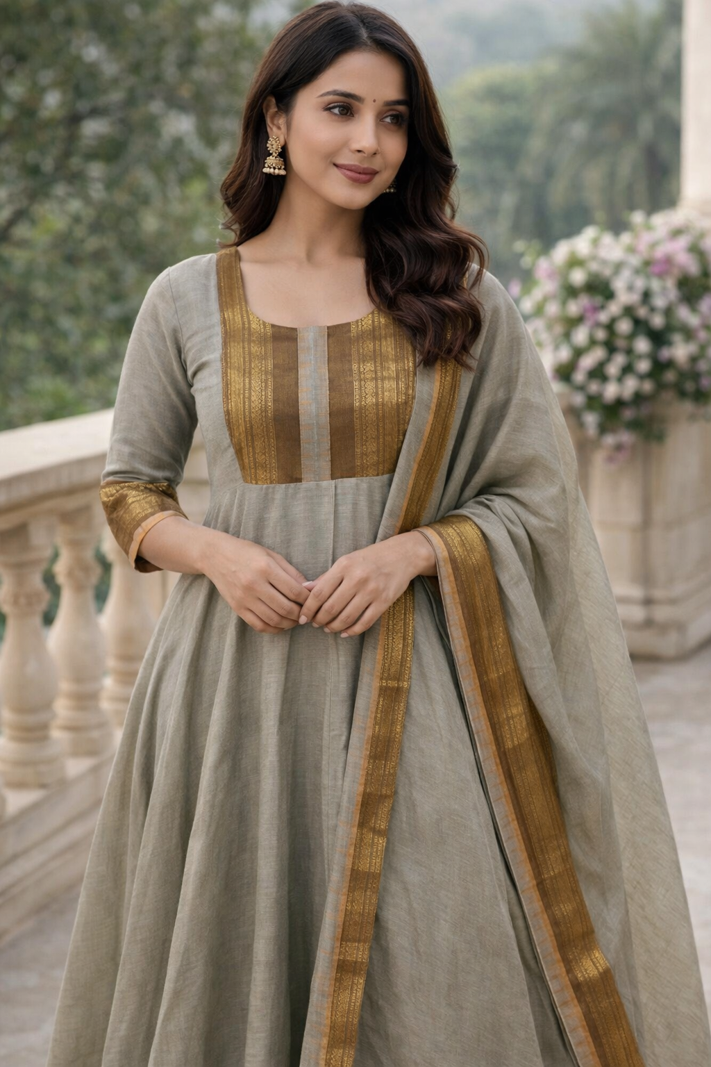 Grey Cotton Anarkali Set with Zari Border & Matching Shawl