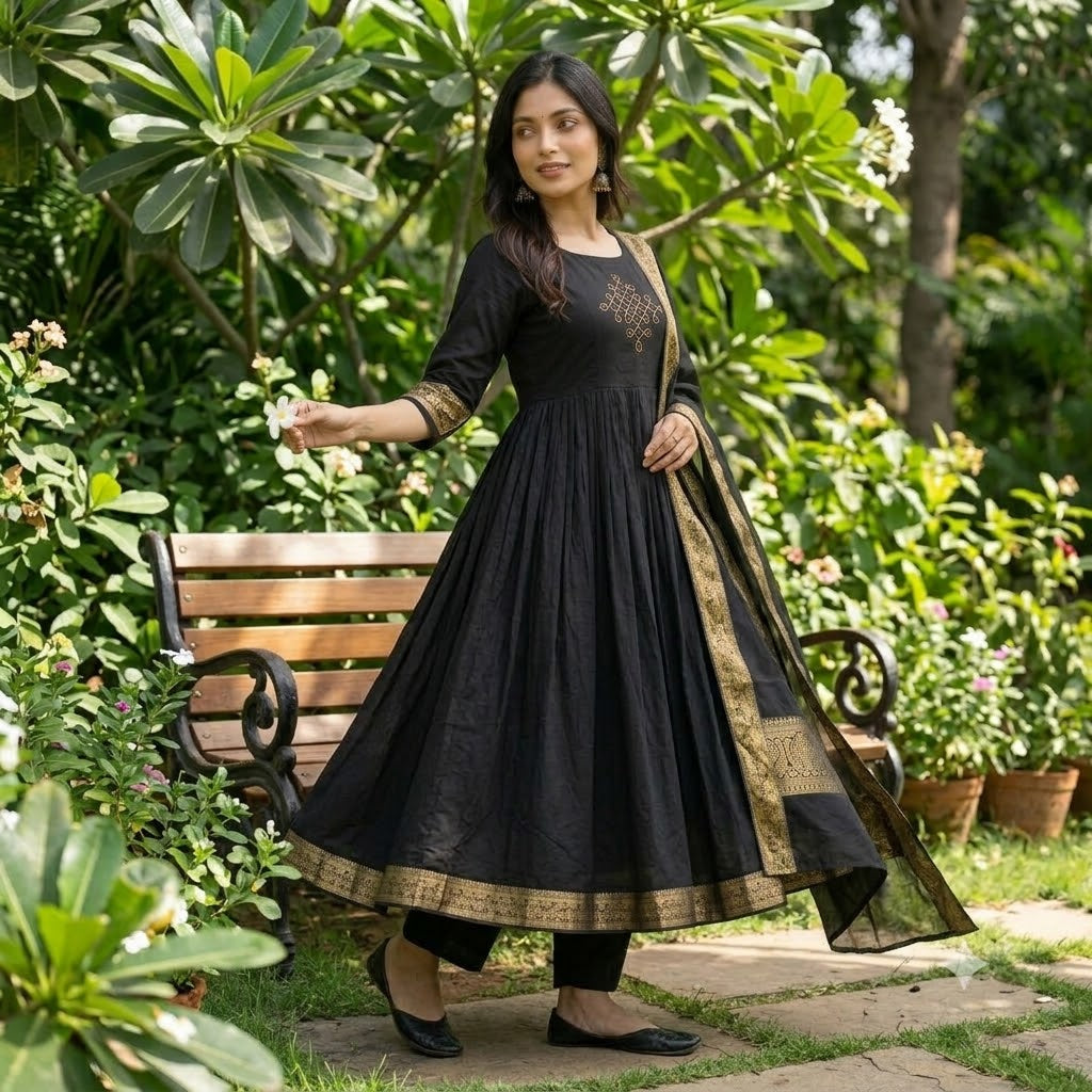 Black Silk Cotton Kolam Anarkali Kurta Set with Pant & Dupatta | Fully Stitched Ethnic Wear
