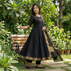 Black Silk Cotton Kolam Anarkali Kurta Set with Pant & Dupatta | Fully Stitched Ethnic Wear