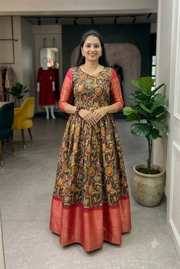 Women's Navy Blue Floral Cotton Anarkali Gown | Elegant Ethnic Wear