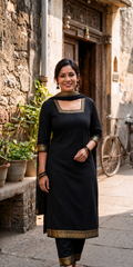Black cotton mangalgiri kurti with pant and dupatta