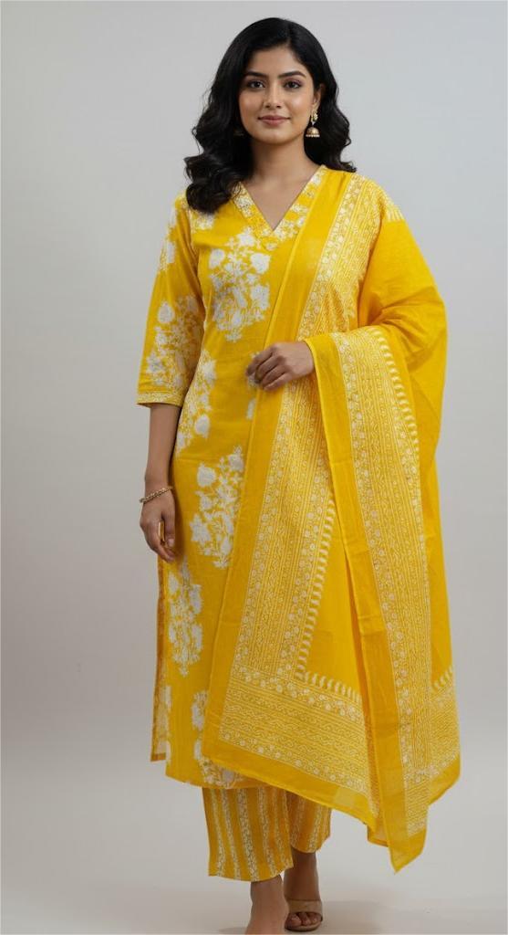Cotton kurti set with pants and dupatta