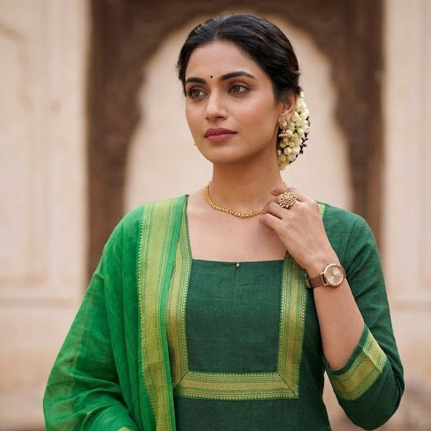 Green Mangalgiri Cotton stitched Salwar Suit Set.