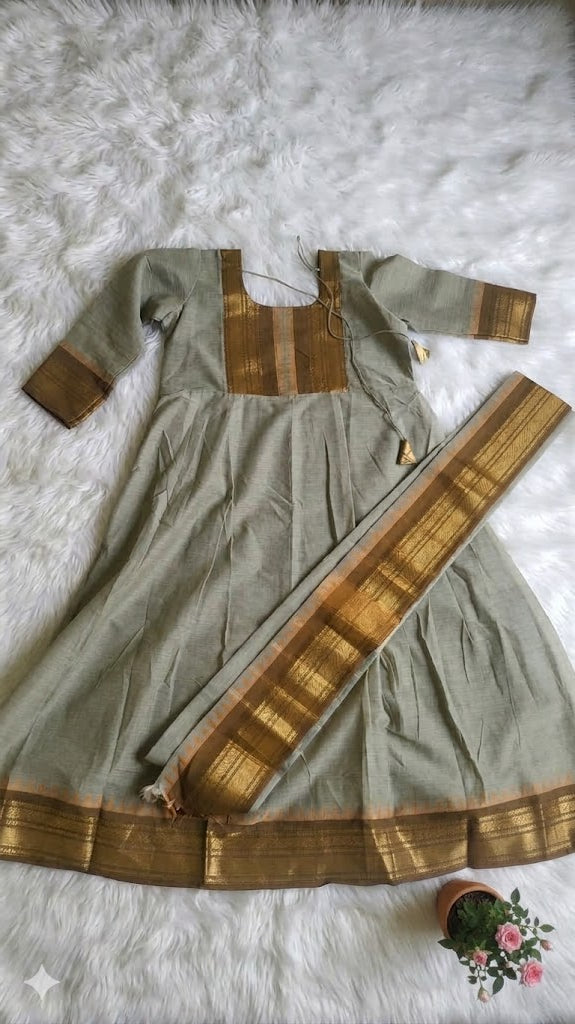 Grey Cotton Anarkali Set with Zari Border & Matching Shawl