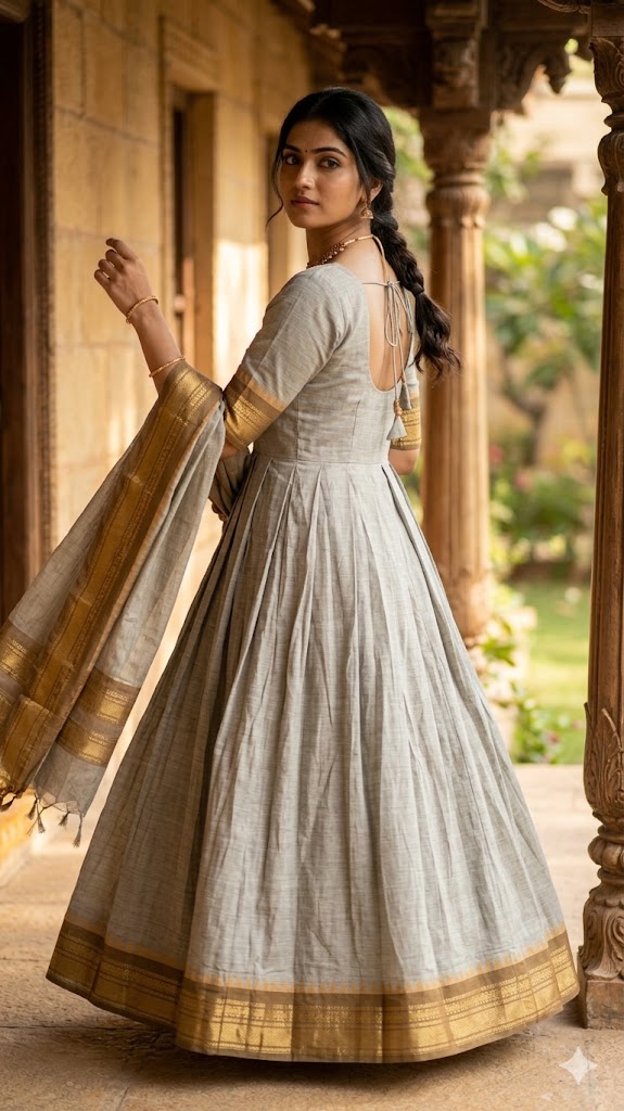 Handcrafted women Cotton Anarkali & Zari Shawl Set