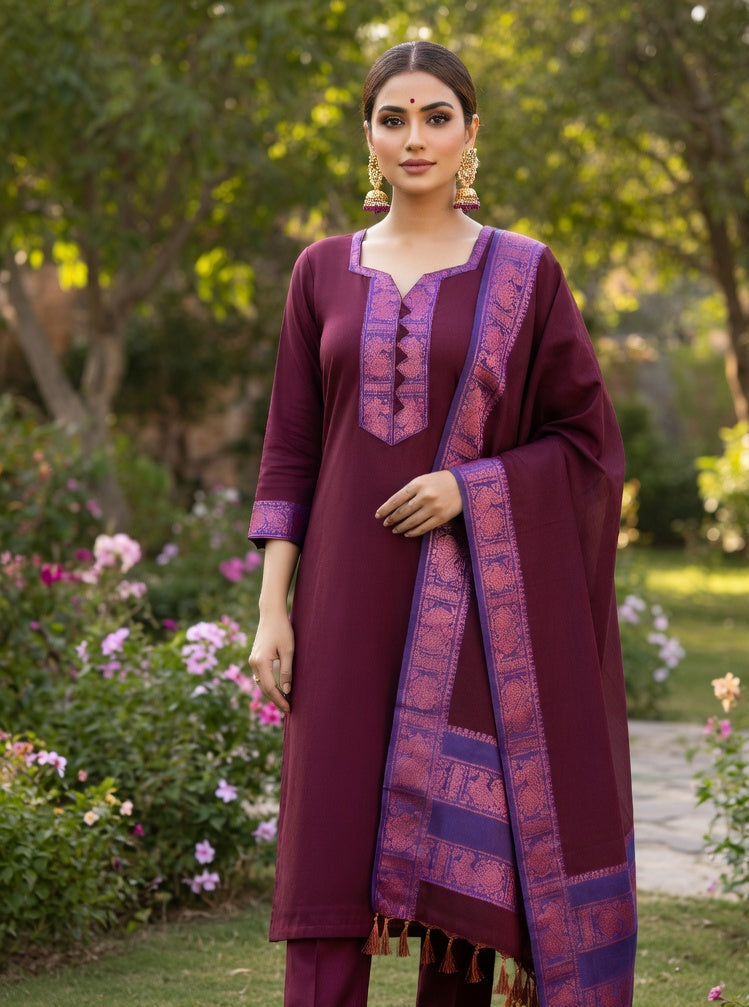 Wine Maroon Cotton Kurti Set.